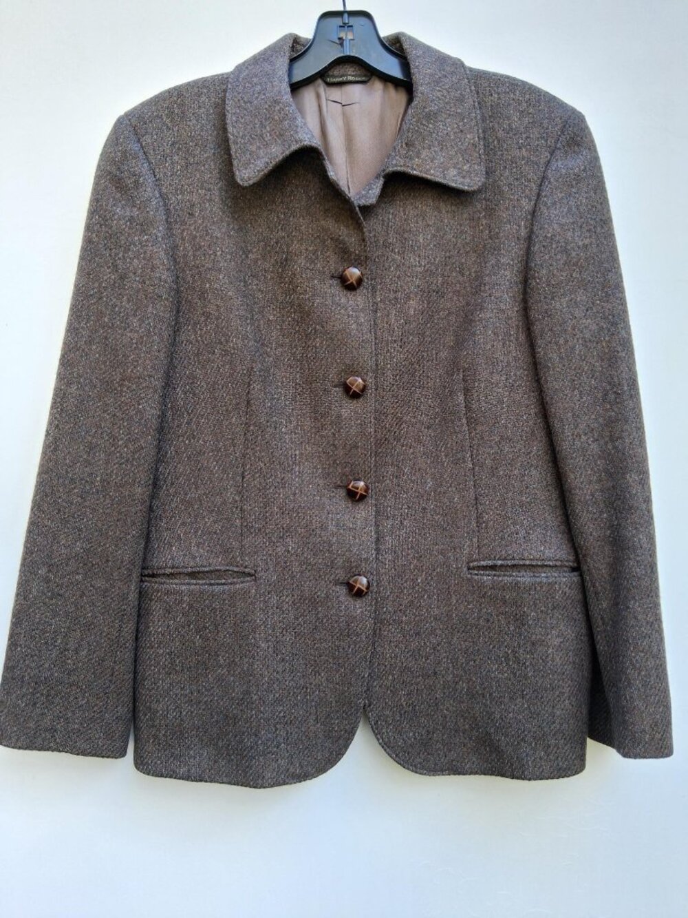 Vintage HARRY ROSEN 100% wool tweed blazer covered buttons, gray-brown (M)